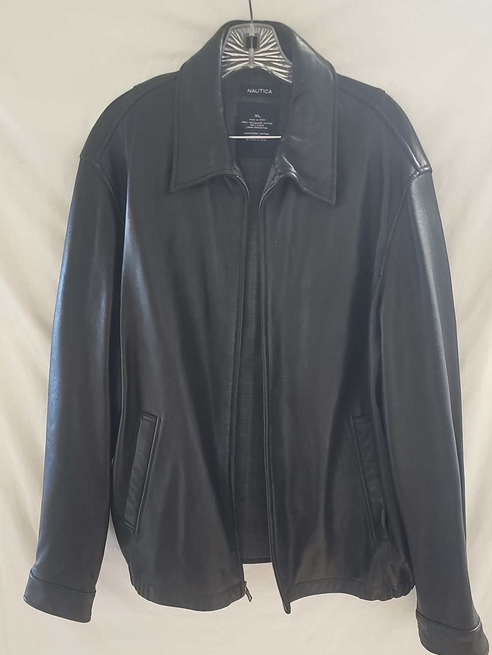 Nautica Black Leather Zip-Front Bomber Jacket